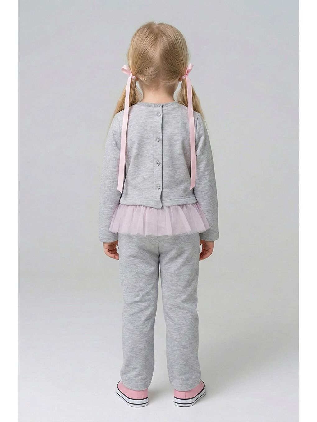 Kız Çocuk %100 Pamuklu Tül Detaylı Düğmeli Gri Alt Üst Takım-1