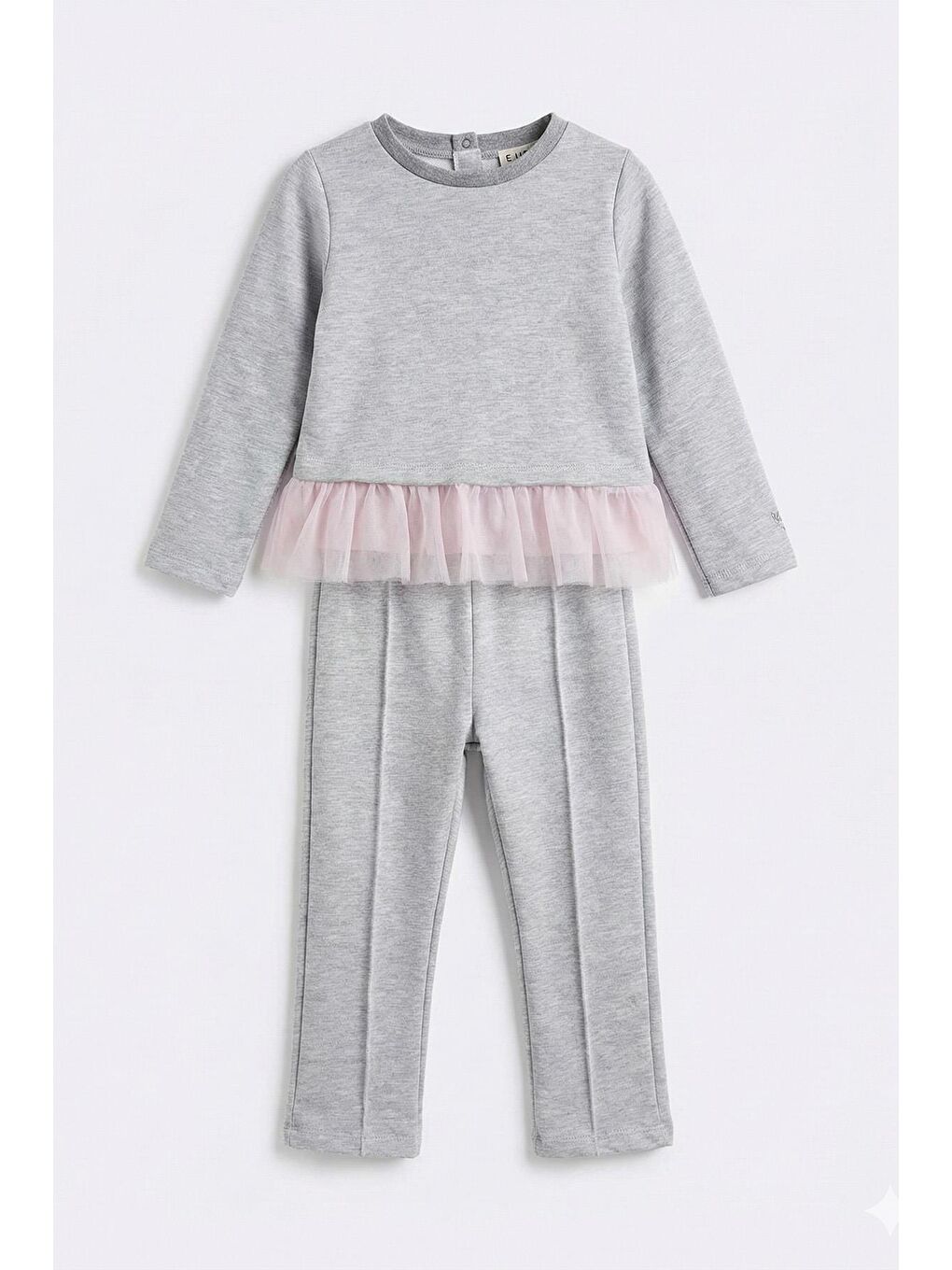 Kız Çocuk %100 Pamuklu Tül Detaylı Düğmeli Gri Alt Üst Takım-2