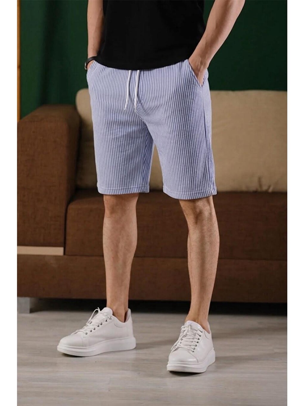 Turkuaz Ethan Çizgili Dokuma Slim Fit Elastanlı Erkek Bermuda Şort