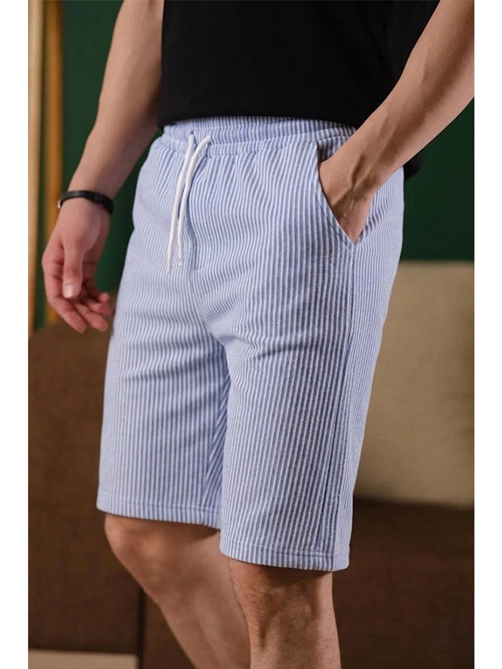Turkuaz Ethan Çizgili Dokuma Slim Fit Elastanlı Erkek Bermuda Şort-1