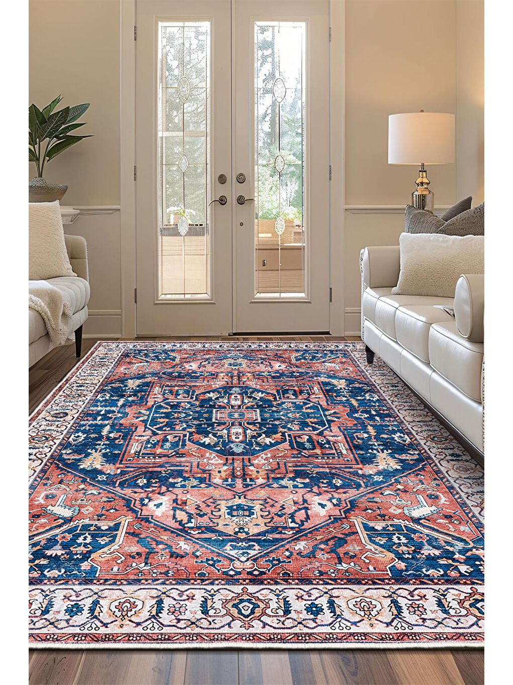 Mavi Dekoratif Özel Tasarım Yıkanabilir İnce Kaymaz Tabanlı Modern Halı KECE FR38-2