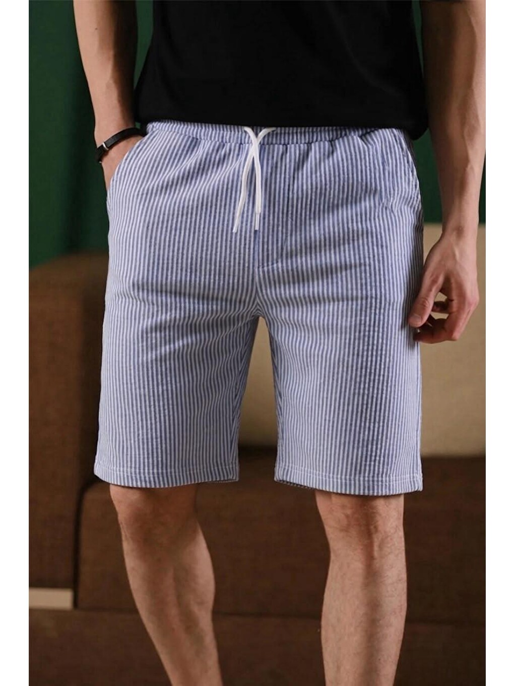 Turkuaz Ethan Çizgili Dokuma Slim Fit Elastanlı Erkek Bermuda Şort-2