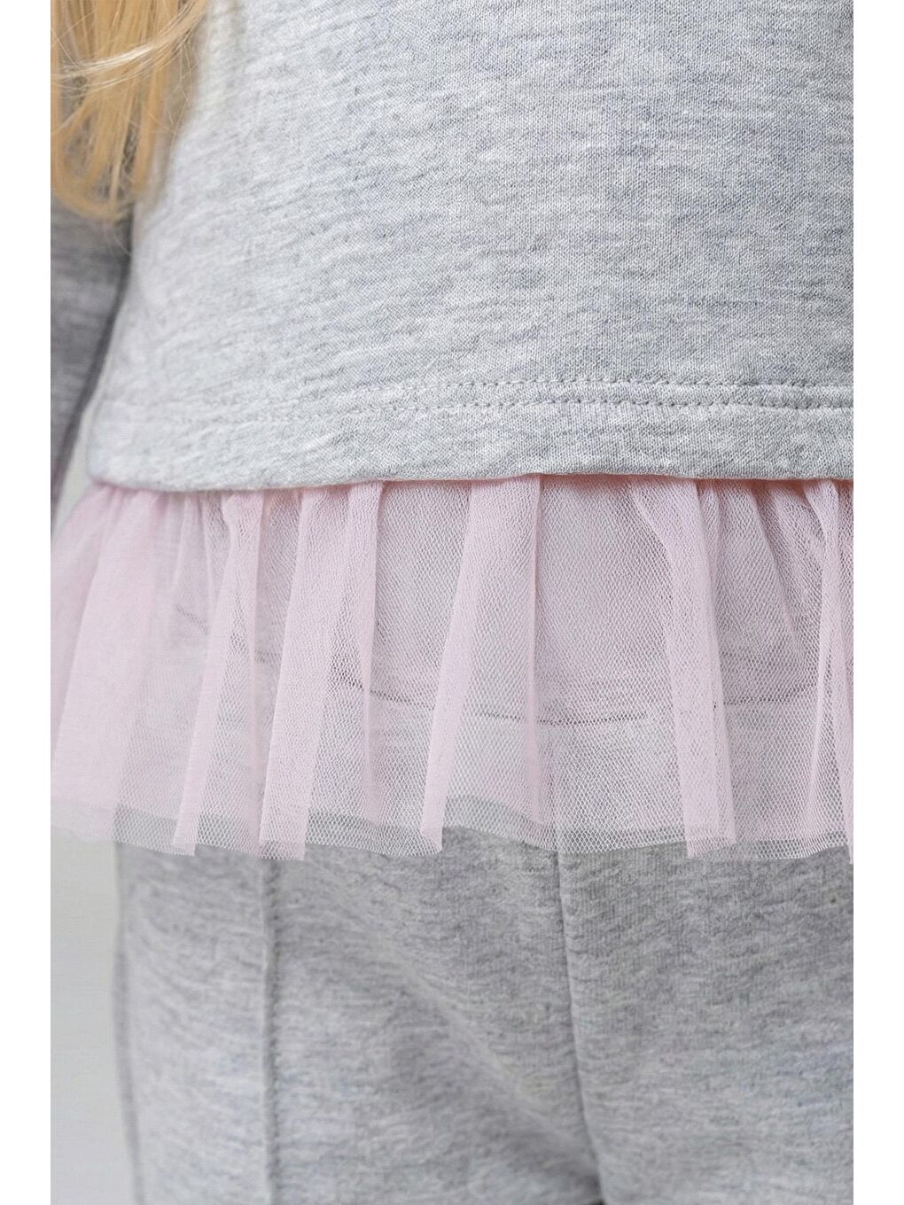 Kız Çocuk %100 Pamuklu Tül Detaylı Düğmeli Gri Alt Üst Takım-4