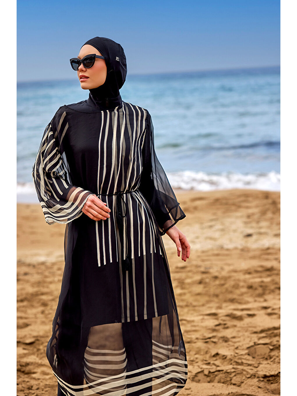 Ekru Beli Bağlamalı Desenli Plaj Elbisesi Pareo Kaftan P2511-3