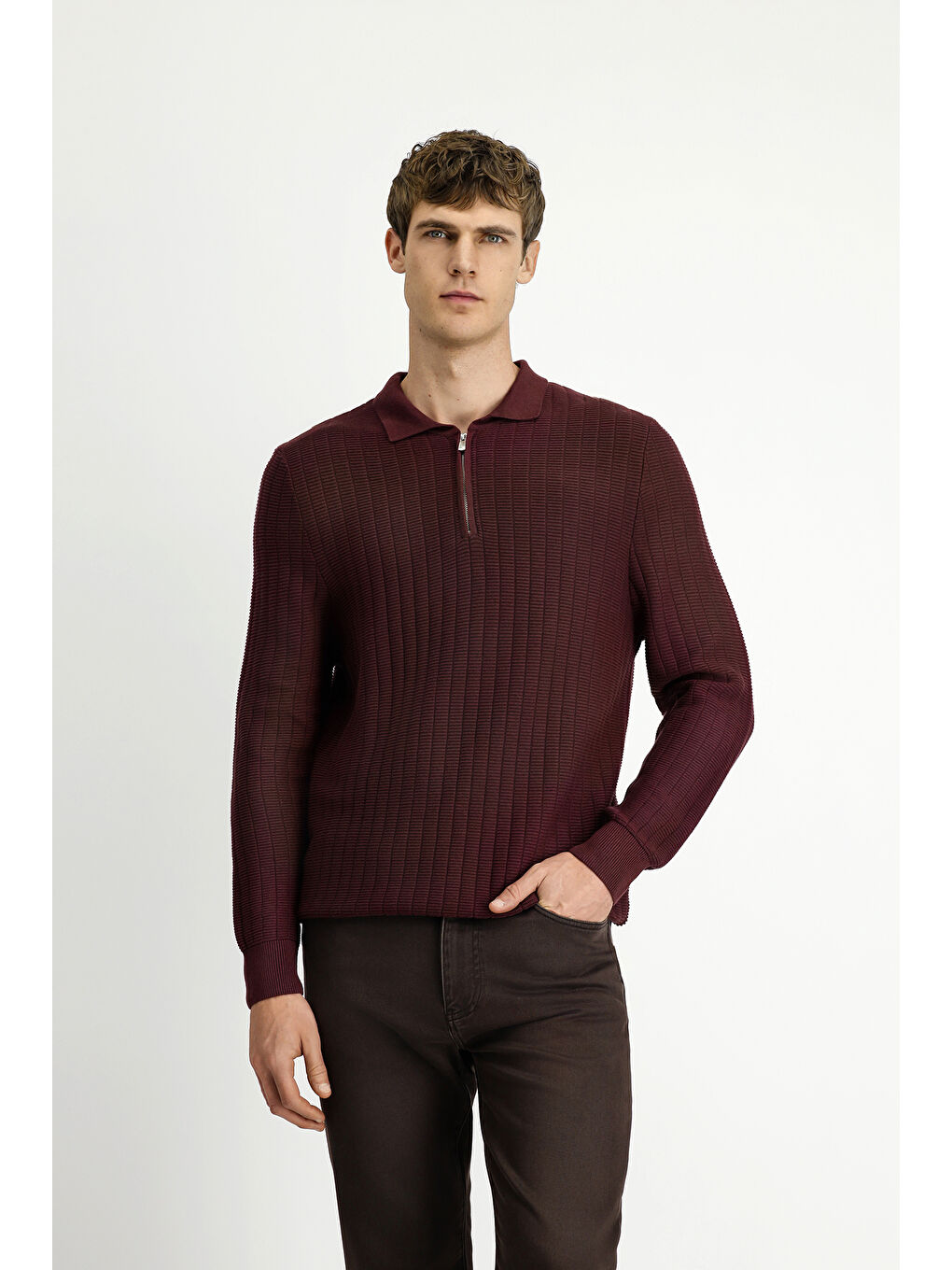 Bordo Polo Yaka Regular Fit Desenli Fermuarlı Pamuklu Triko Kazak