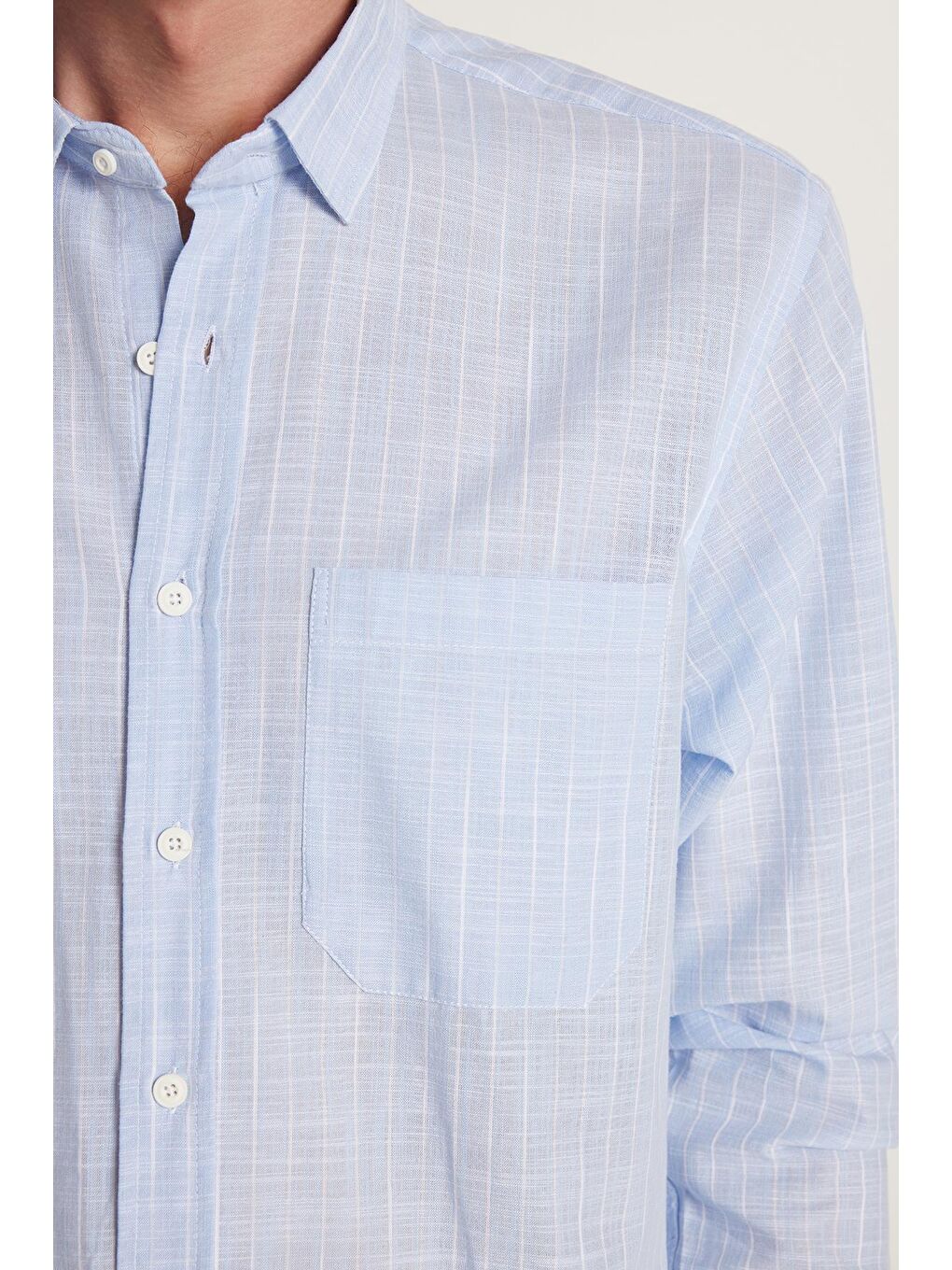 Erkek Regular Fit Klasik Kesim Uzun Kollu %100 Pamuk Keten Doku Tek Cepli Çizgili Mavi Gömlek-2