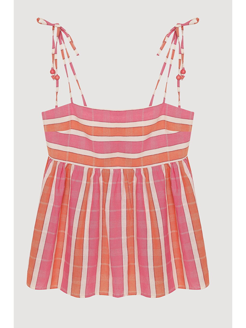 Çizgili Omuzu Bağcıklı Bluz Pembe-1