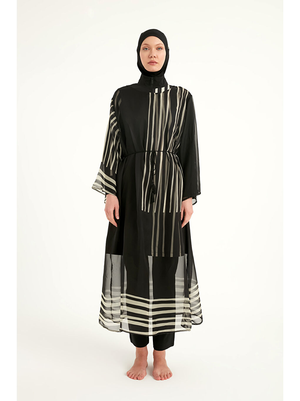 Ekru Beli Bağlamalı Desenli Plaj Elbisesi Pareo Kaftan P2511-4