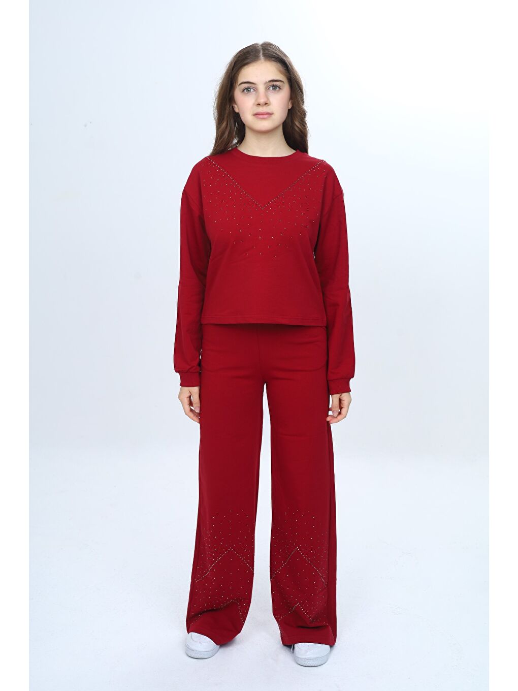 Bordo Kız Çocuk 2'li Takım Taş İşlemeli Bisiklet Yaka Sweatshirt & Beli Lastikli Bol Paça Cepli Eşofman Al-1