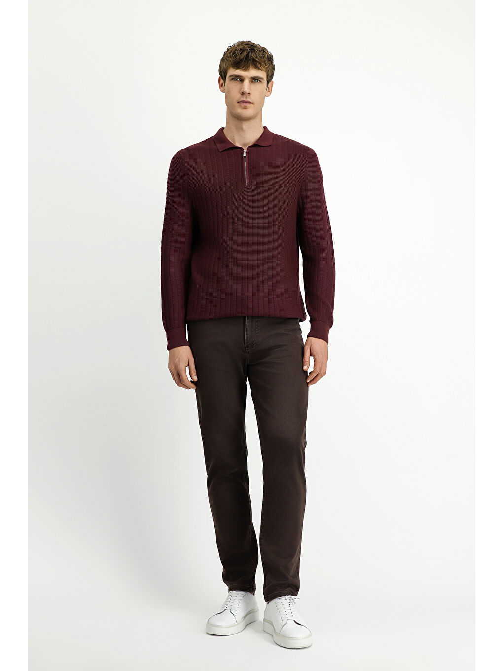 Bordo Polo Yaka Regular Fit Desenli Fermuarlı Pamuklu Triko Kazak-1