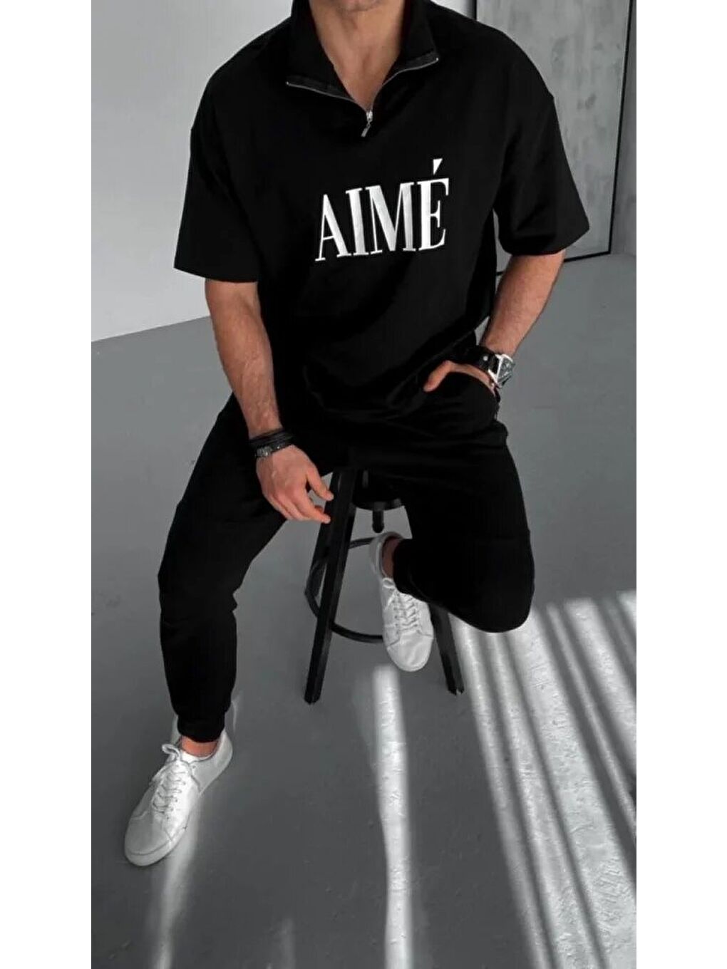 Unisex Yarım Fermuarlı Baskılı T-Shirt - Siyah-1