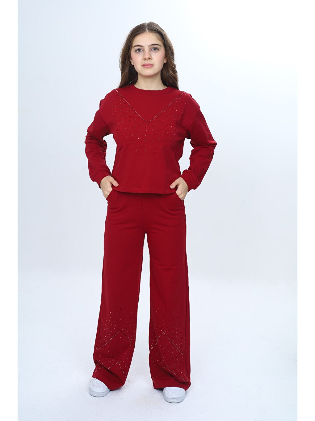 Bordo Kız Çocuk 2'li Takım Taş İşlemeli Bisiklet Yaka Sweatshirt & Beli Lastikli Bol Paça Cepli Eşofman Al-2