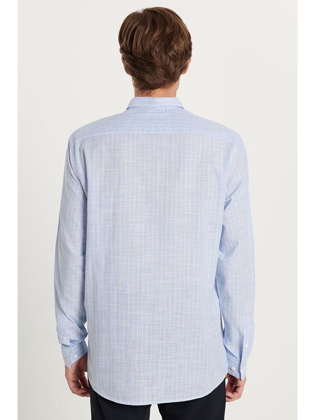 Erkek Regular Fit Klasik Kesim Uzun Kollu %100 Pamuk Keten Doku Tek Cepli Çizgili Mavi Gömlek-4