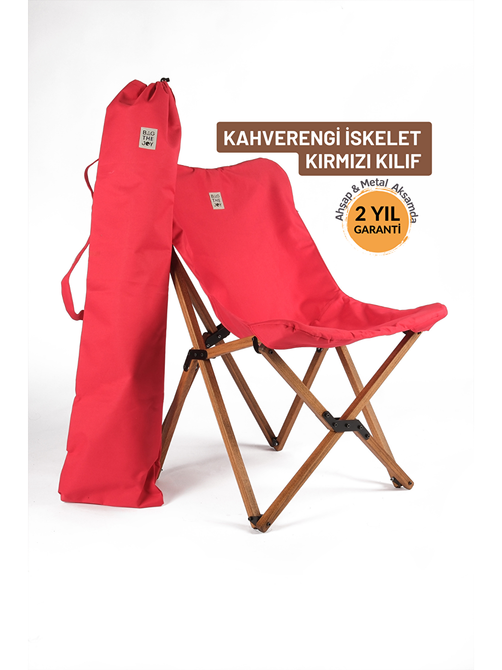 Bag The Joy Kırmızı Kahverengi İskelet – Kırmızı Kılıf Ahşap Katlanır Kamp & Bahçe Sandalyesi