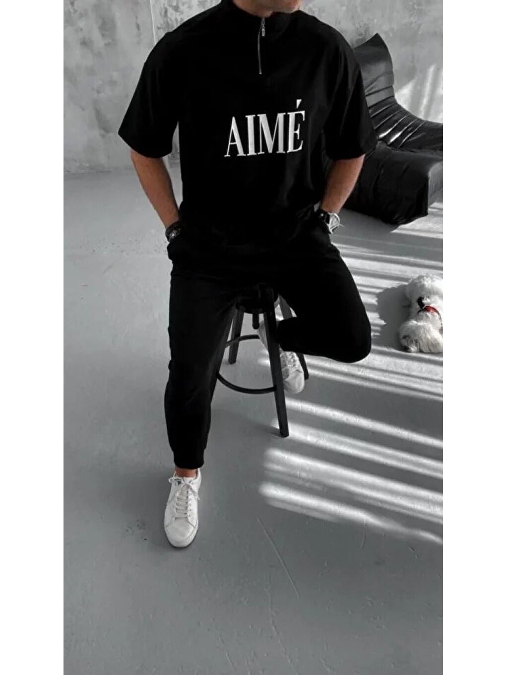 Unisex Yarım Fermuarlı Baskılı T-Shirt - Siyah-2