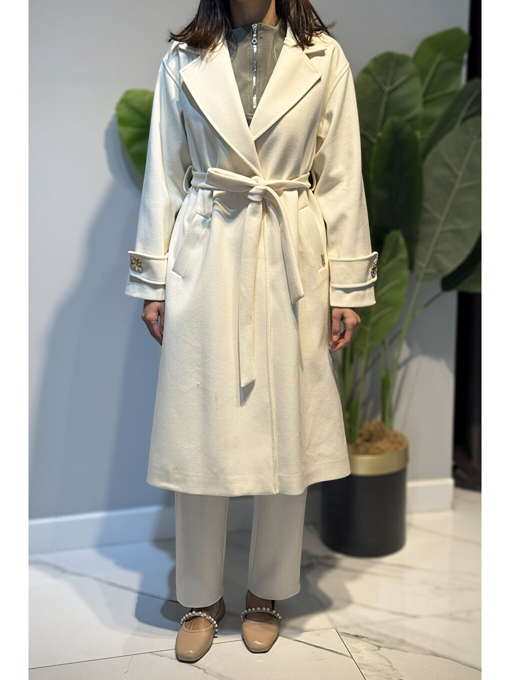 Kadın Düğme Detay Kaşmir Kaban 6346 Ekru-1