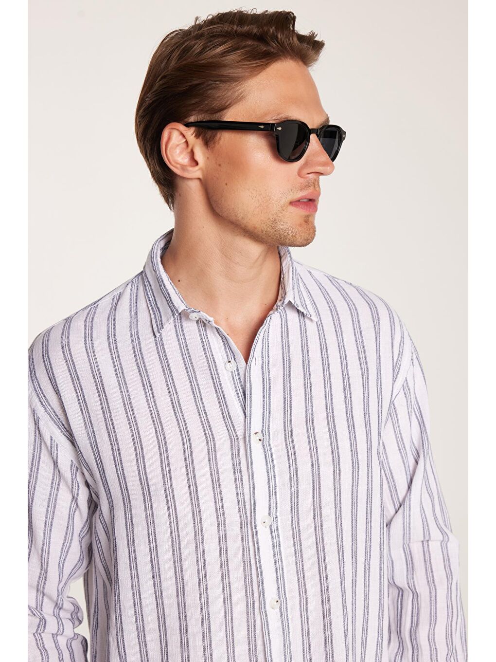 Karışık Relax Fit Oversize Dökümlü Rahat Kesim Çizgili Keten Spor Erkek Gömlek-1