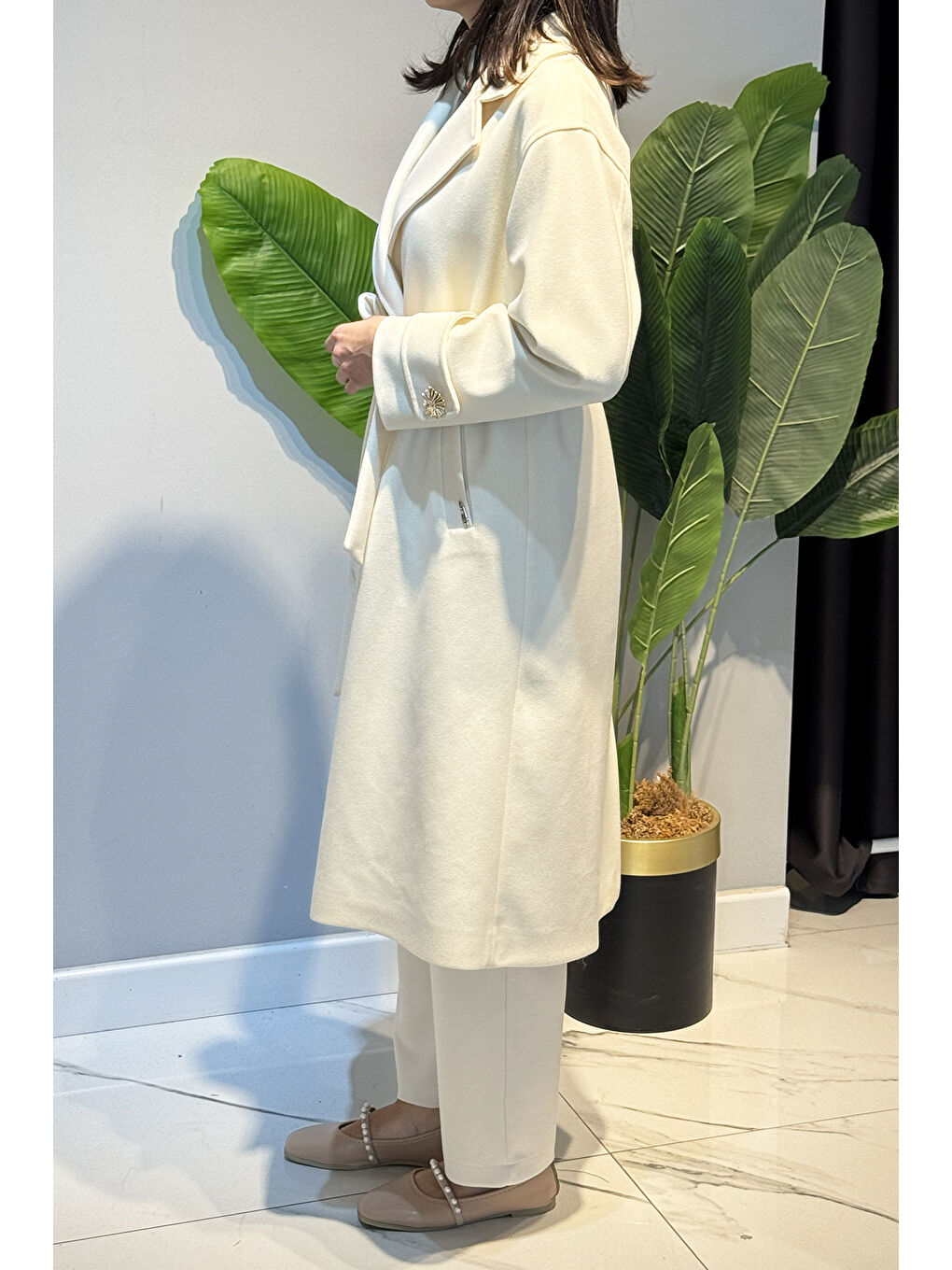 Kadın Düğme Detay Kaşmir Kaban 6346 Ekru-2