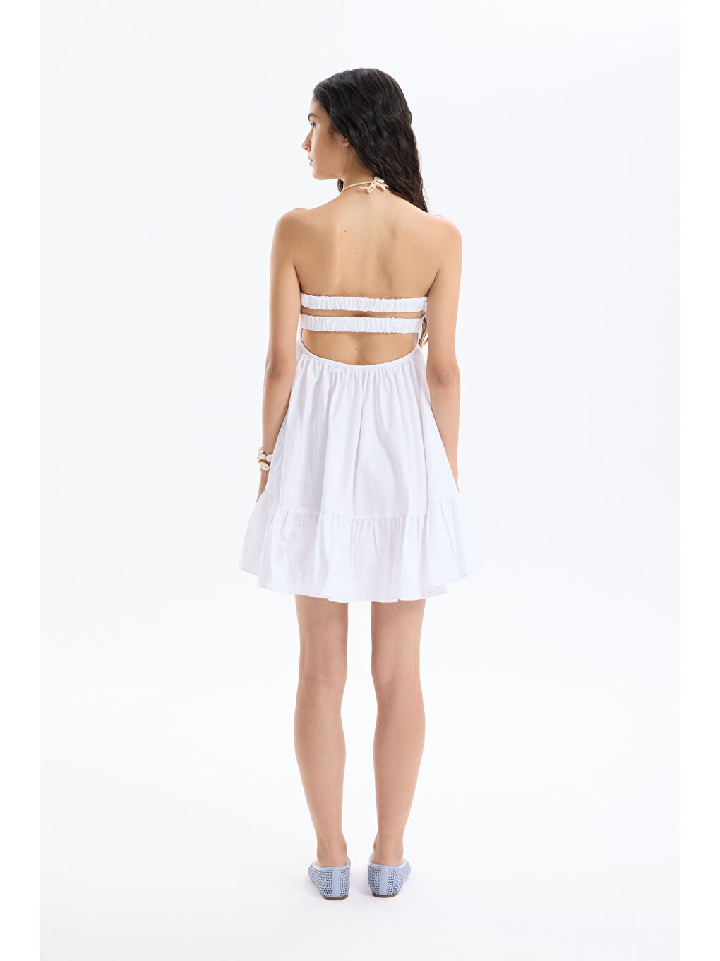 Önü Düğüm Detaylı Sırt Dekolteli Straplez Mini Elbise Beyaz-4