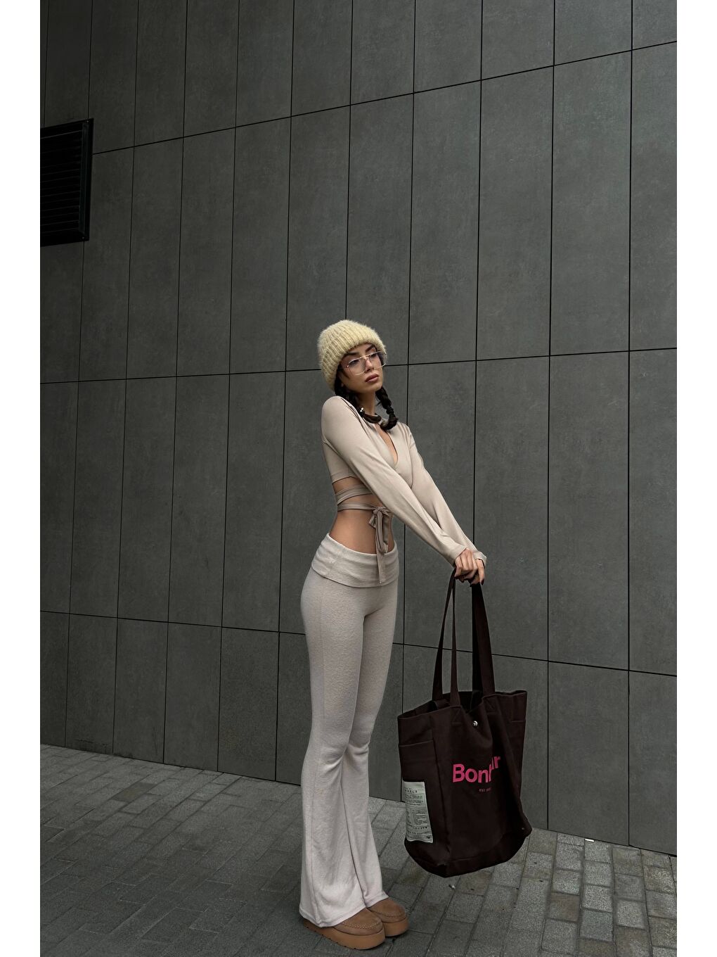 Kadın Bej Bel Katlamalı Pantolon 1010-0350-2