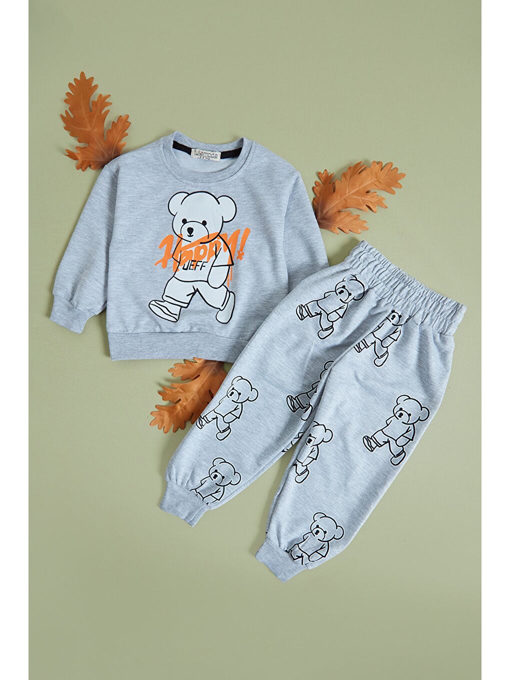Gri Ayıcık jeff Baskılı Erkek Çocuk Sweatshirt Takım