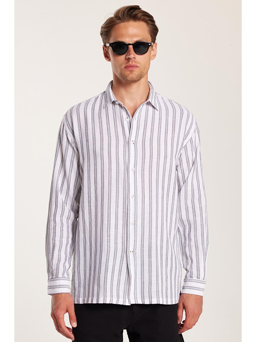 Karışık Relax Fit Oversize Dökümlü Rahat Kesim Çizgili Keten Spor Erkek Gömlek-3