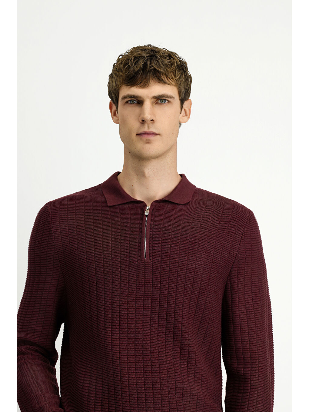 Bordo Polo Yaka Regular Fit Desenli Fermuarlı Pamuklu Triko Kazak-2