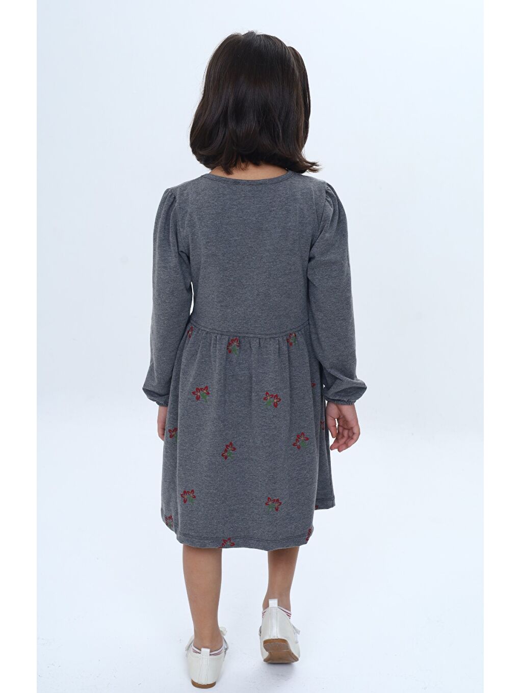 Antrasit Kız Çocuk Relax Fit Bisiklet Yaka Uzun Kollu Baskılı Elbise-3