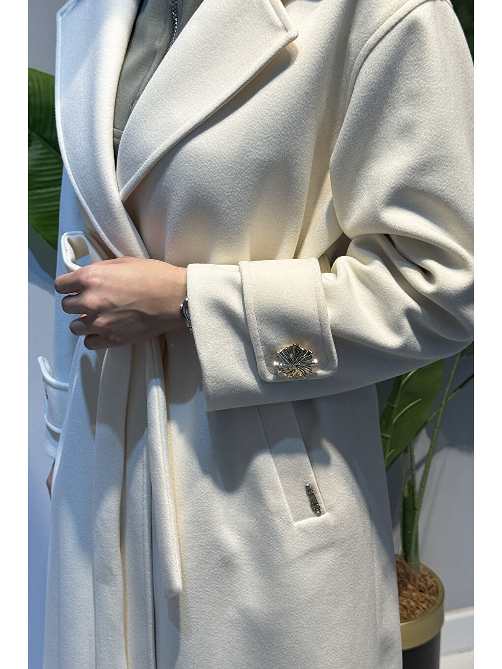 Kadın Düğme Detay Kaşmir Kaban 6346 Ekru-3