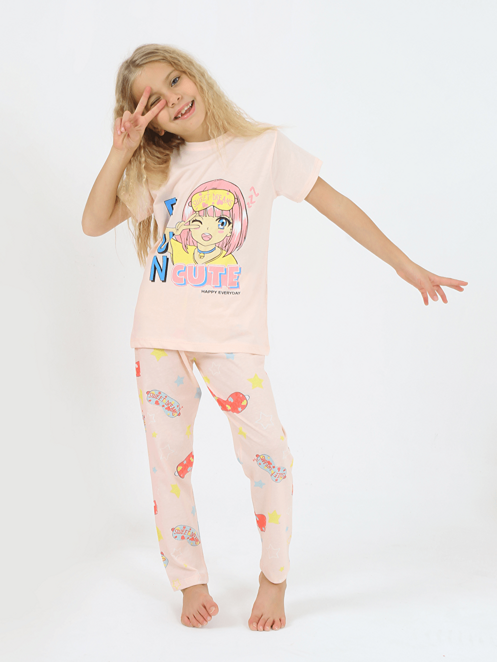 Pembe Kız Çocuk Kısa Kollu %100 Pamuklu Flower Up Pijama Takımı