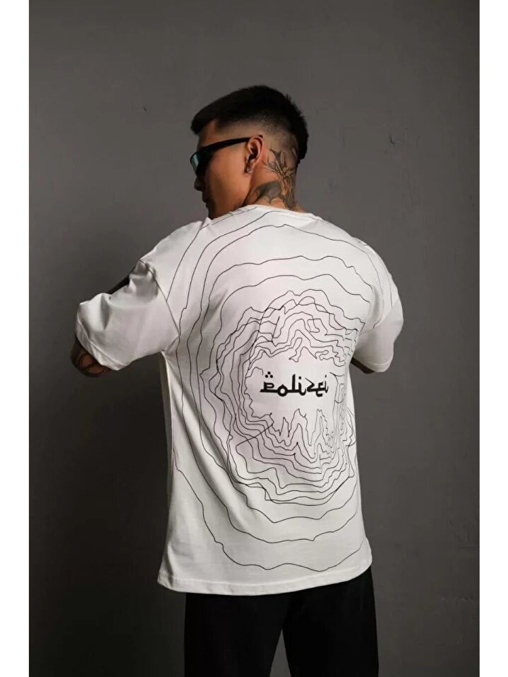 Erkek Bisiklet Yakalı Sırt Baskılı Oversize T-Shirt - Beyaz