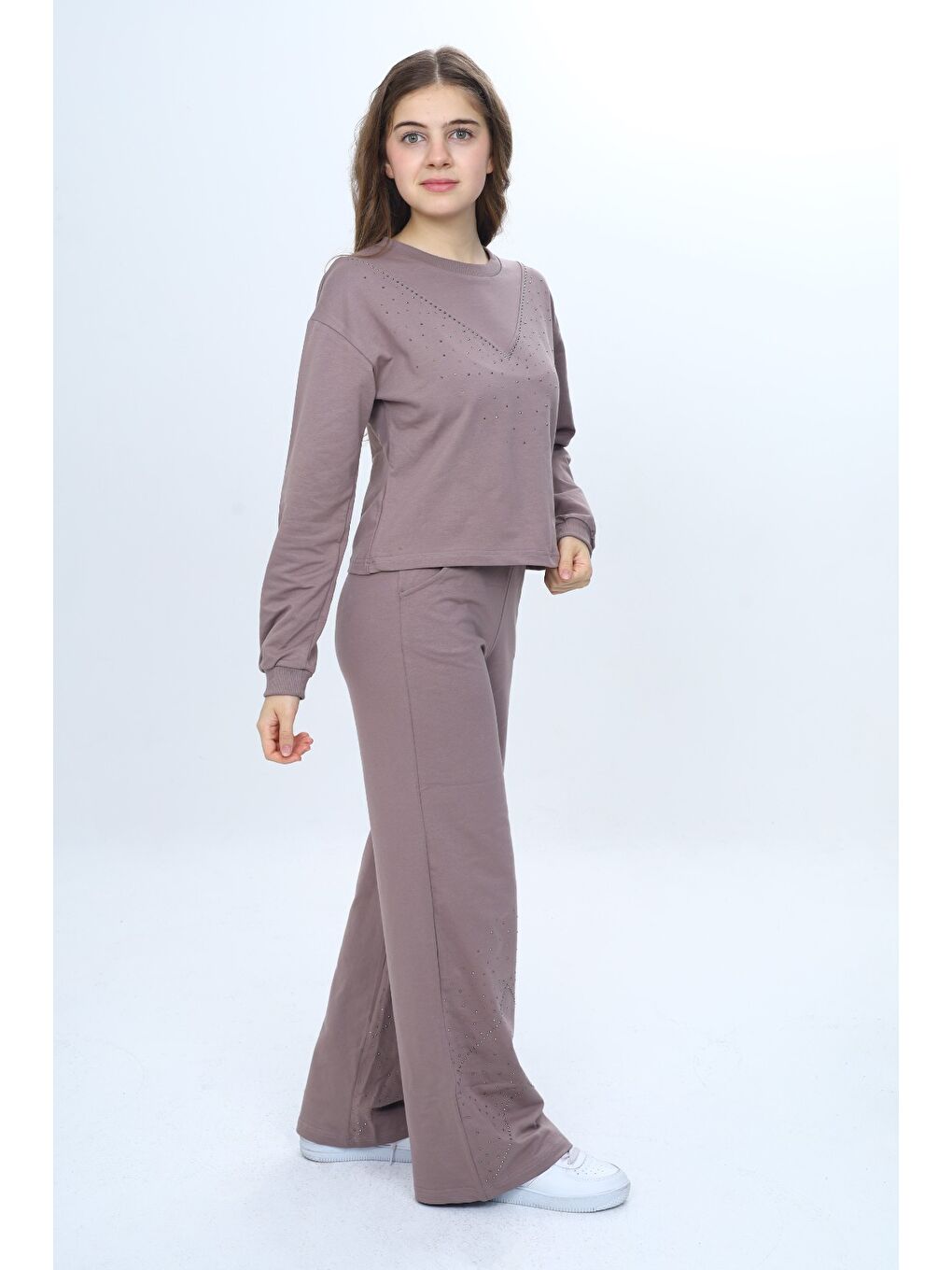 Kahverengi Kız Çocuk 2'li Takım Taş İşlemeli Bisiklet Yaka Sweatshirt & Beli Lastikli Bol Paça Cepli Eşofman Al-1