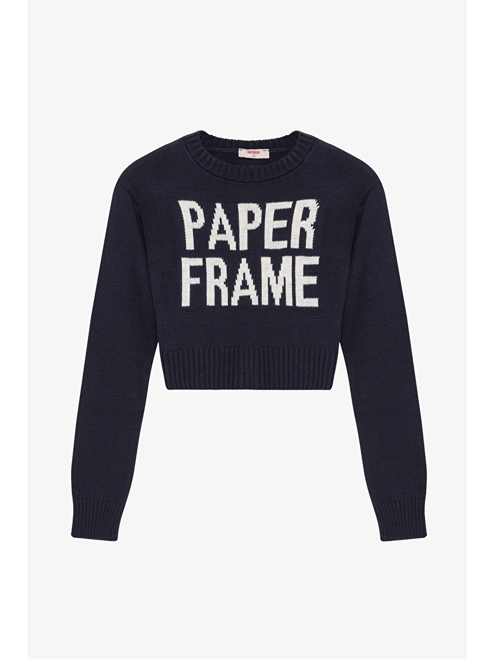 Paper Frame Yazılı Crop Triko Kazak Lacivert