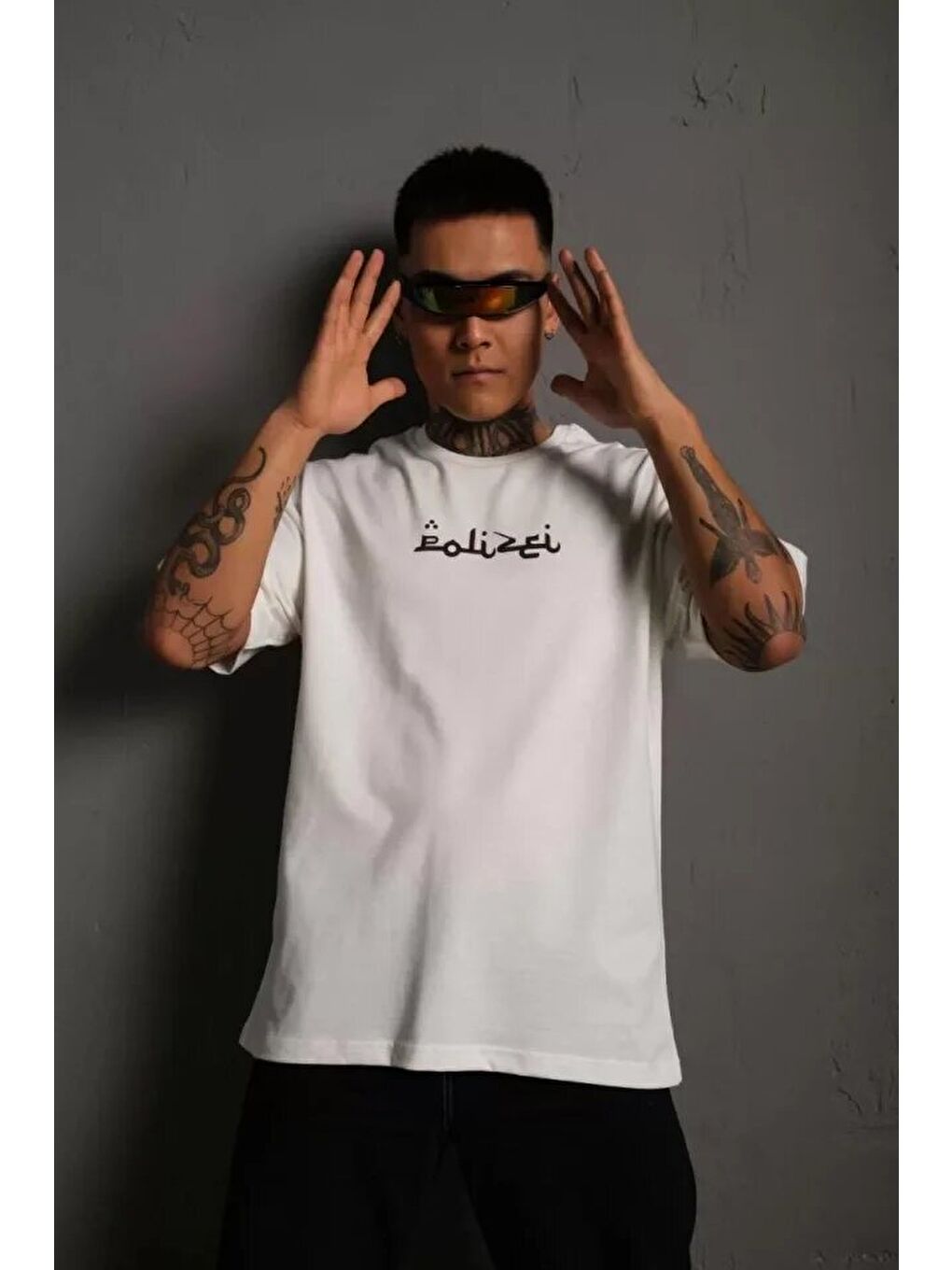 Erkek Bisiklet Yakalı Sırt Baskılı Oversize T-Shirt - Beyaz-1