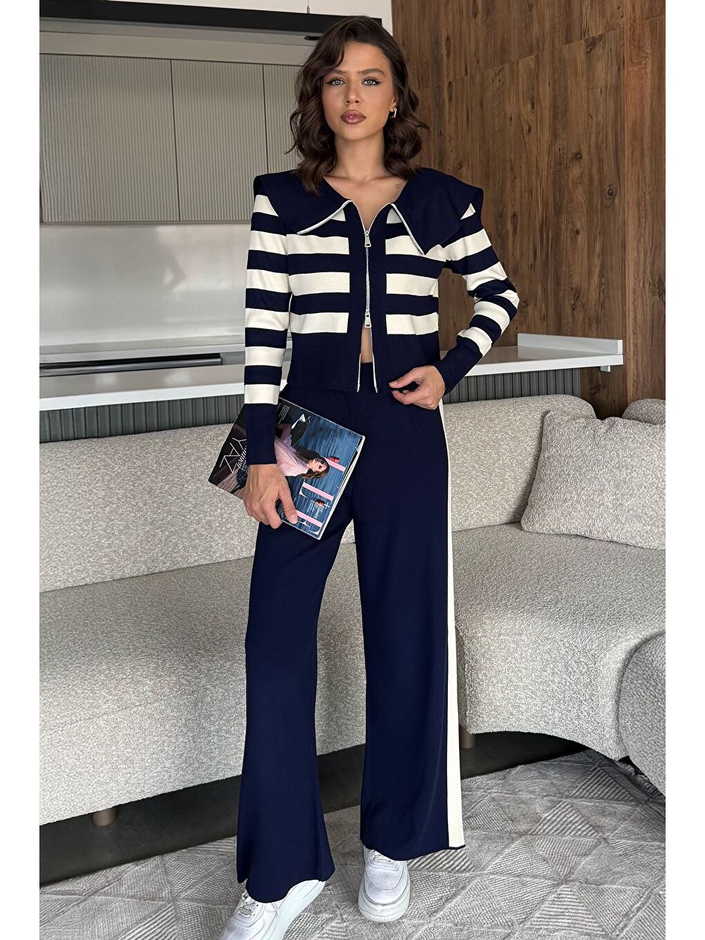 Lacivert Kadın Şerit Desenli Triko Hırka Pantolon İkili Takım (s-m-l Beden Uyumludur.)