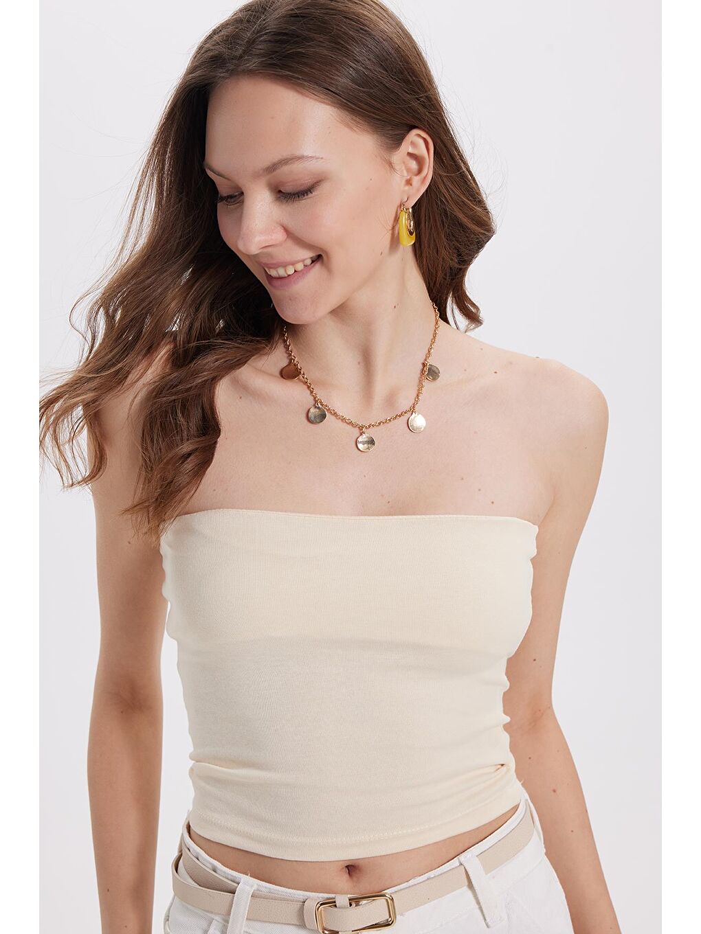 Kadın Slim Fit Dar Kesim Pamuklu Straplez Bej Bluz