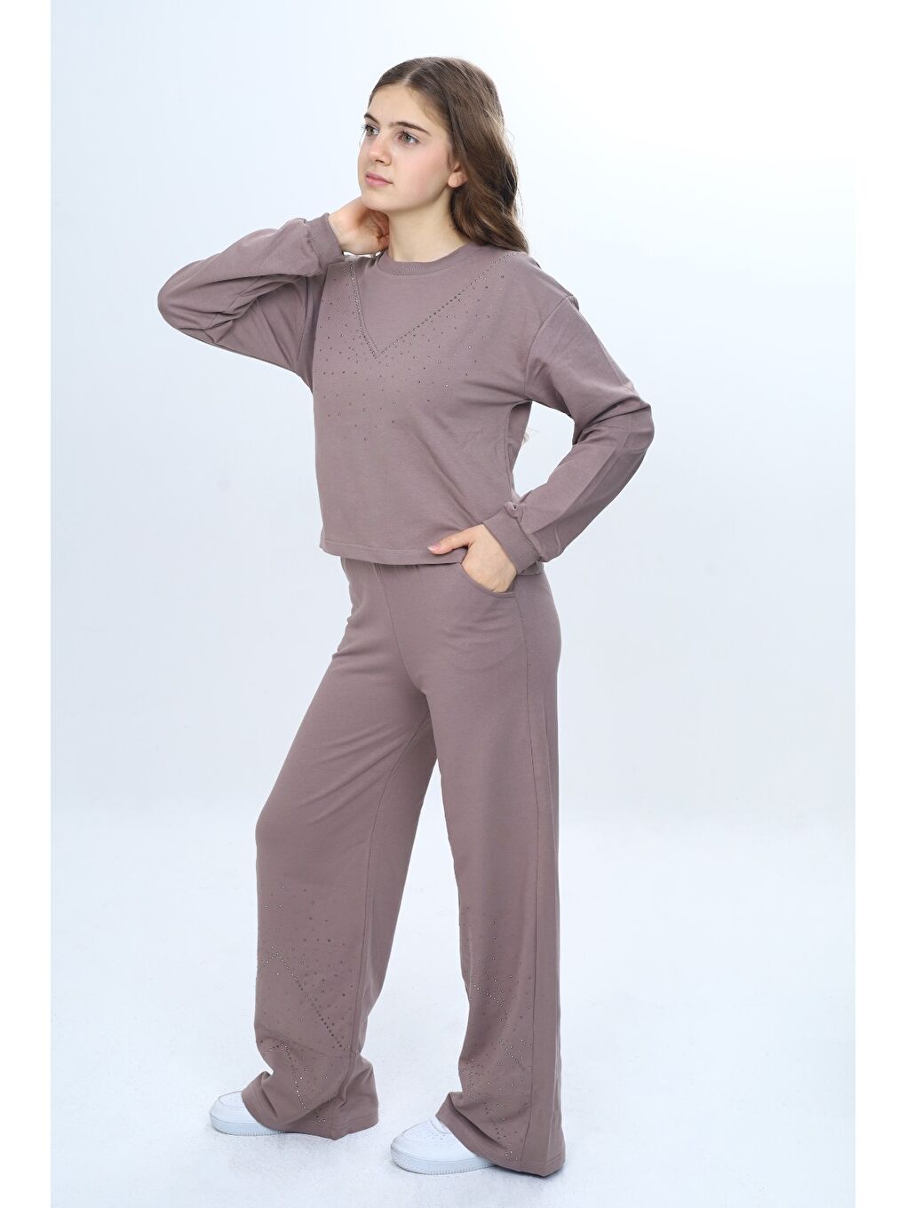 Kahverengi Kız Çocuk 2'li Takım Taş İşlemeli Bisiklet Yaka Sweatshirt & Beli Lastikli Bol Paça Cepli Eşofman Al-2