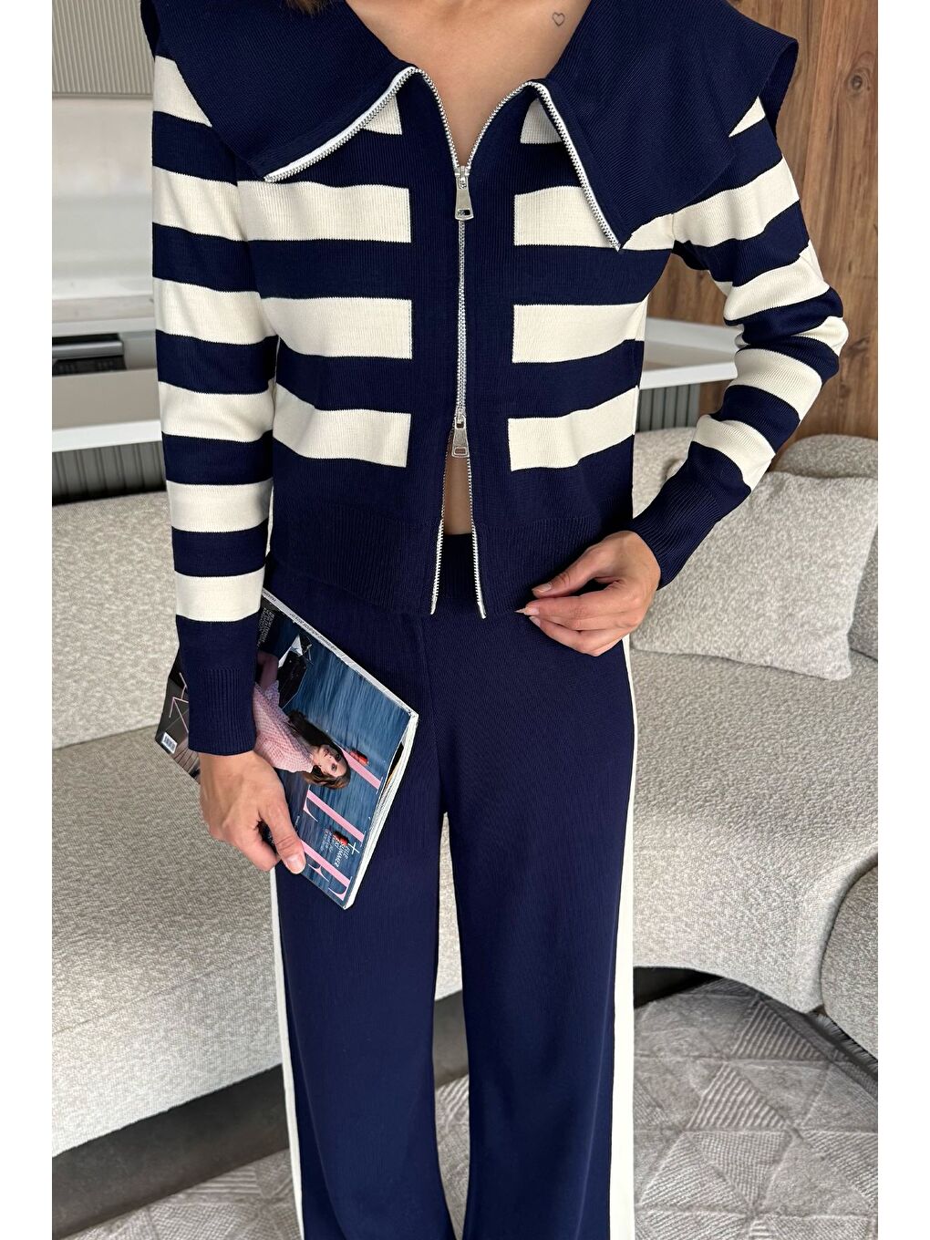 Lacivert Kadın Şerit Desenli Triko Hırka Pantolon İkili Takım (s-m-l Beden Uyumludur.)-1