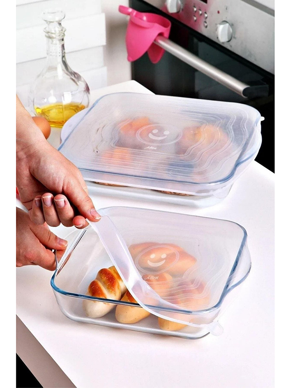 Beyaz Silikon Streç Cam Fırın Tepsi Kapağı 3'lü Seti-4