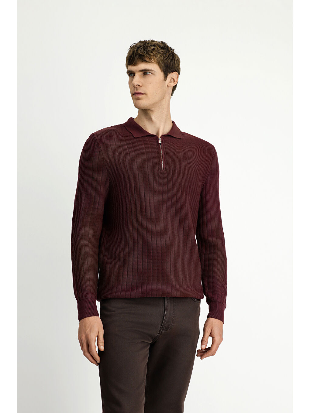 Bordo Polo Yaka Regular Fit Desenli Fermuarlı Pamuklu Triko Kazak-3