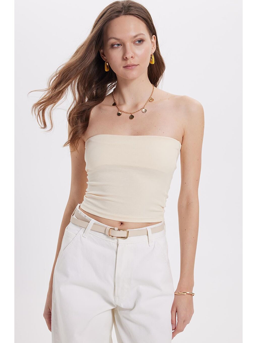 Kadın Slim Fit Dar Kesim Pamuklu Straplez Bej Bluz-1