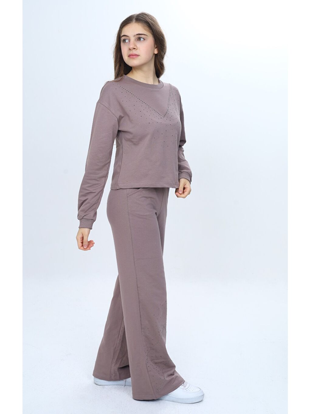 Kahverengi Kız Çocuk 2'li Takım Taş İşlemeli Bisiklet Yaka Sweatshirt & Beli Lastikli Bol Paça Cepli Eşofman Al-3