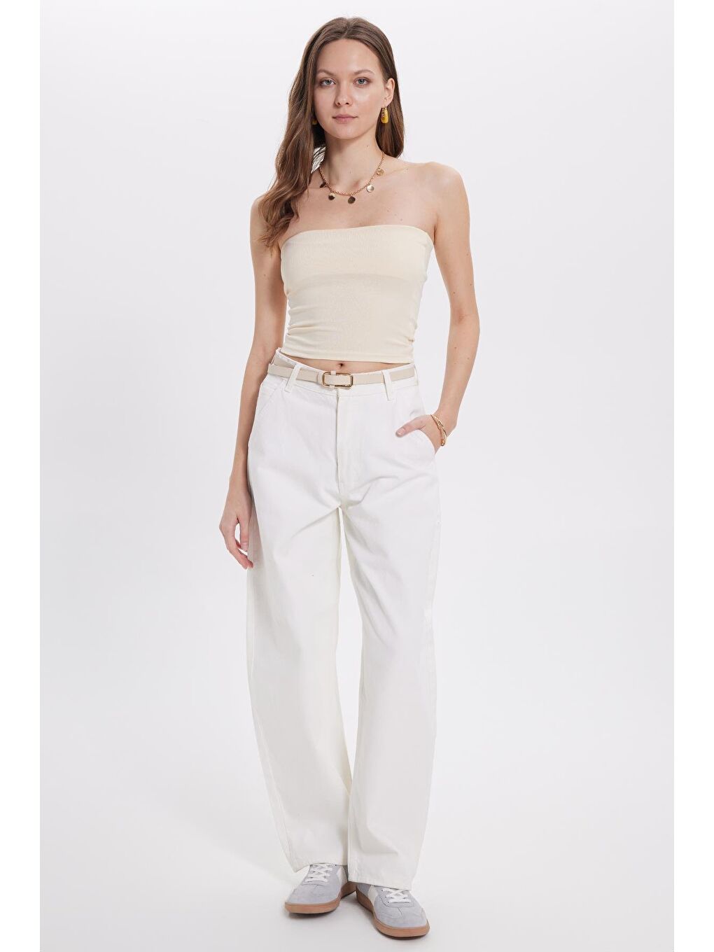 Kadın Slim Fit Dar Kesim Pamuklu Straplez Bej Bluz-2