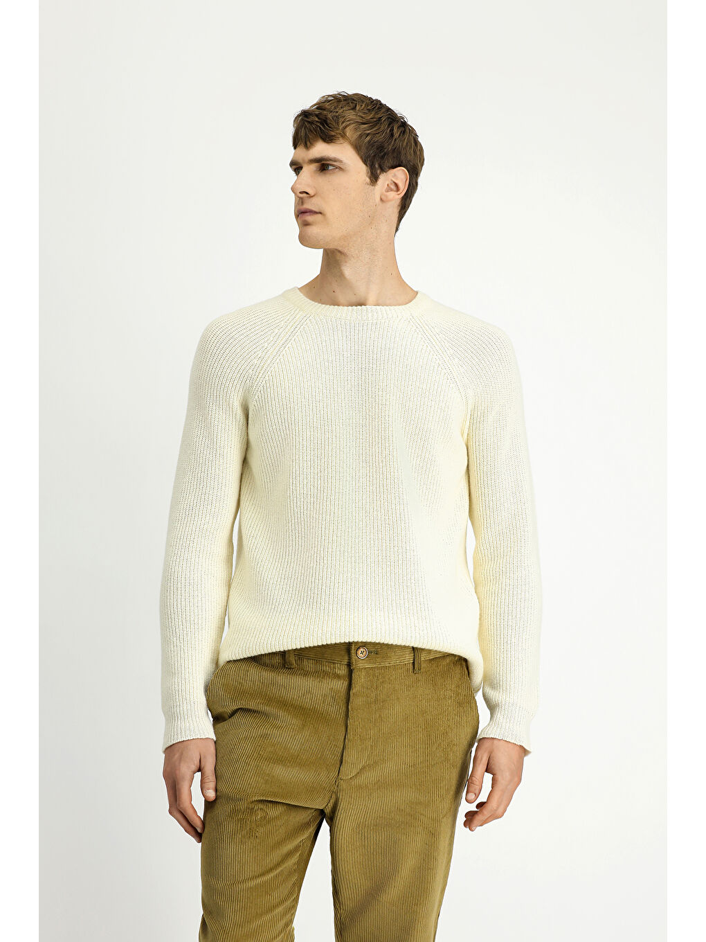 Ekru Bisiklet Yaka Regular Fit Yünlü Triko Kazak-2