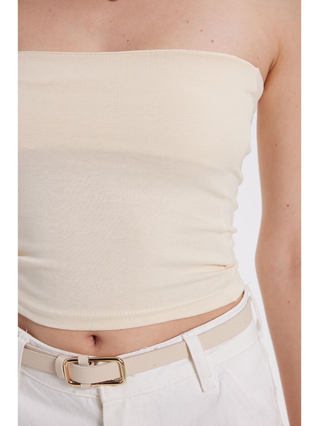 Kadın Slim Fit Dar Kesim Pamuklu Straplez Bej Bluz-3