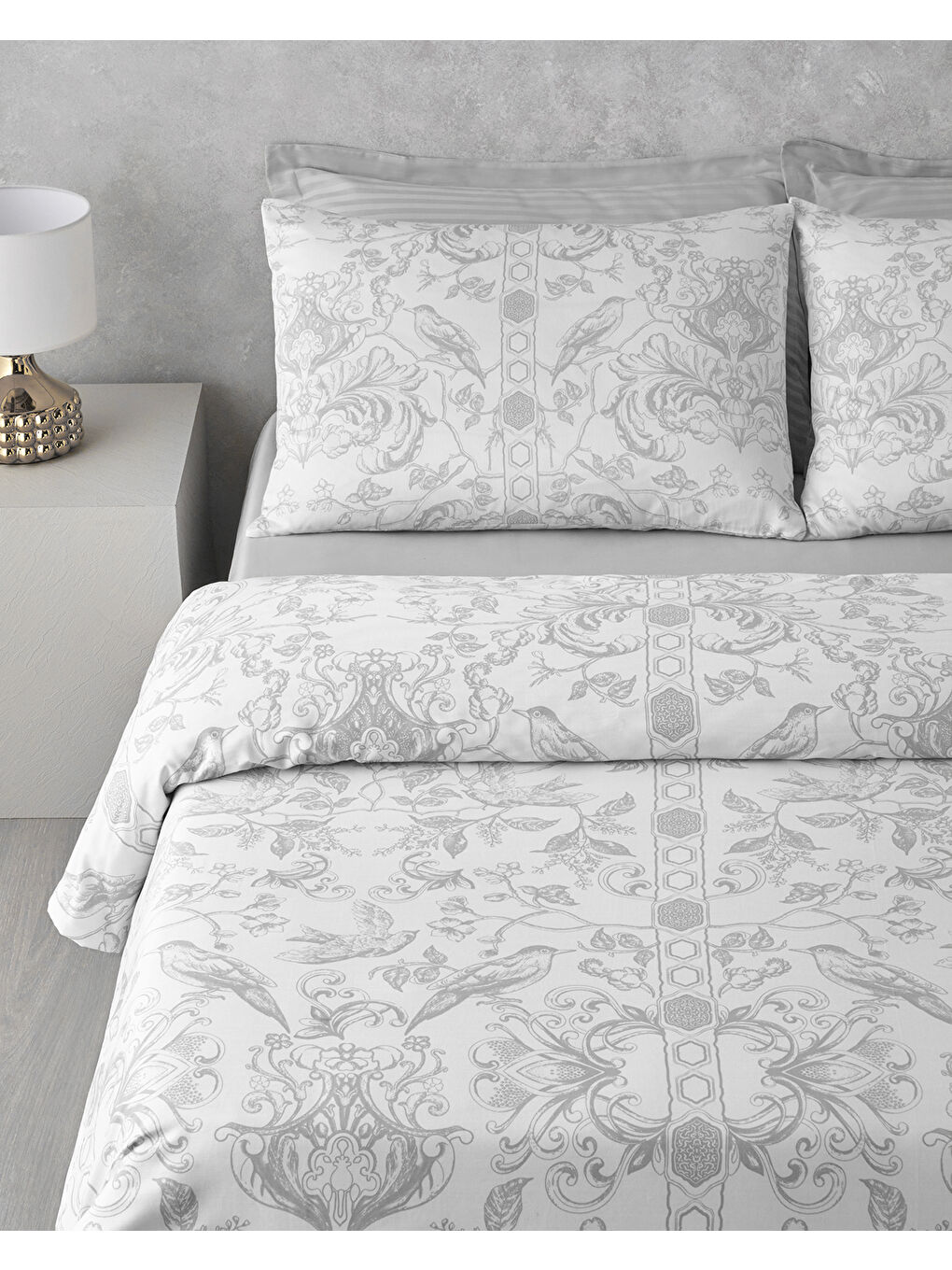 Gri Dainty Bird Pamuk Saten Çift Kişilik Nevresim Takımı 200x220 cm Gümüş-5