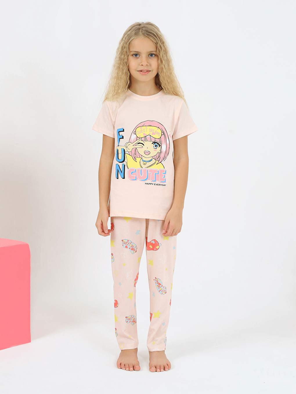 Pembe Kız Çocuk Kısa Kollu %100 Pamuklu Flower Up Pijama Takımı-1