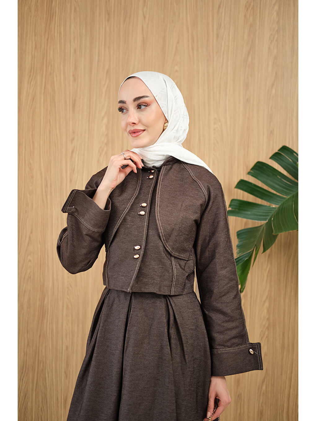 Kadın Pelerin Detay Gold Düğmeli Jean Takım Kahverengi-1