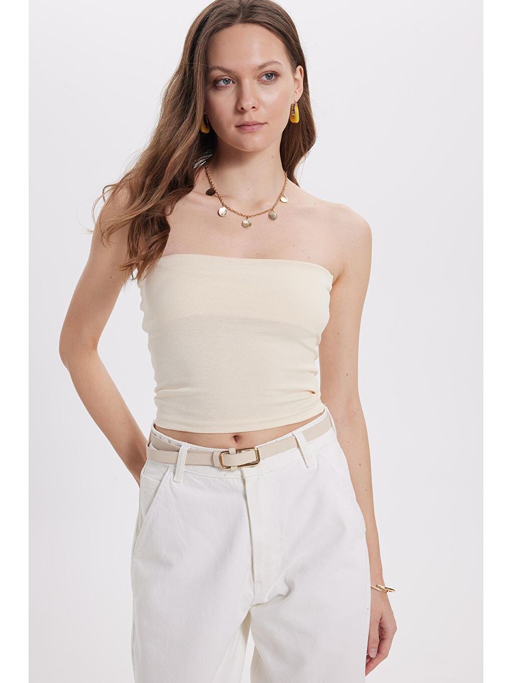 Kadın Slim Fit Dar Kesim Pamuklu Straplez Bej Bluz-6