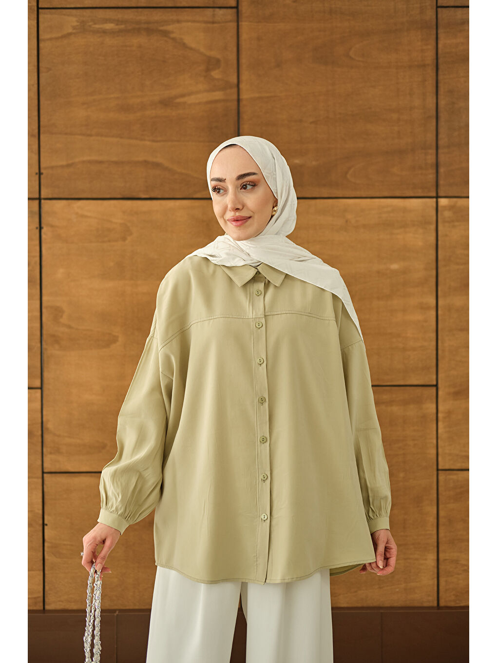 Turkuaz Kadın Biyeli Bel Bağlamalı Gömlek Su Yeşil-2